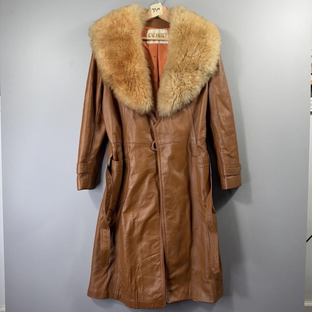 Vintage De Mar's Leather Coat Womens 10 Brown Fur Collar Belted Long Overcoat